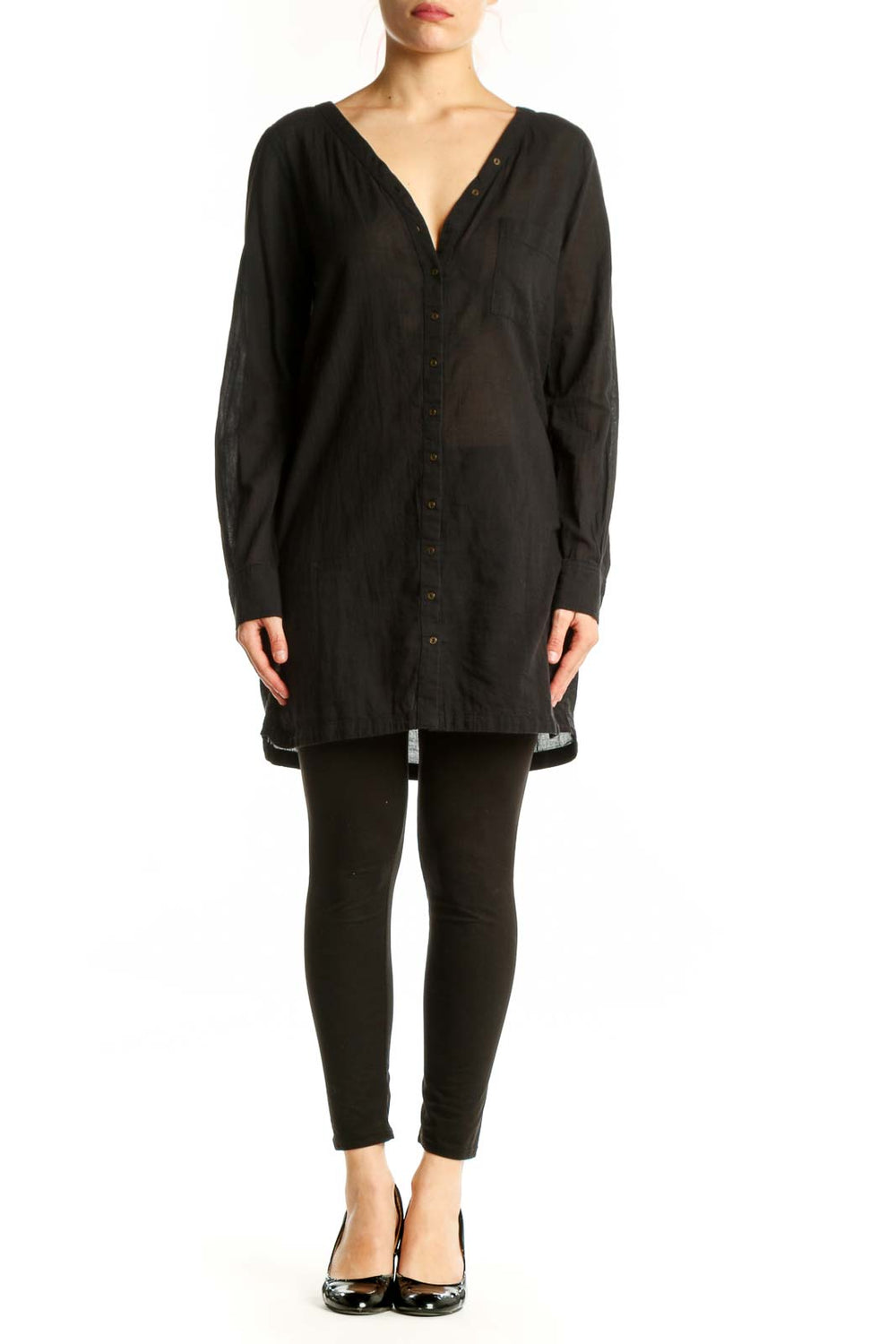 Black cotton button-front shirt dress by Joie with V-neckline and long sleeves, front view