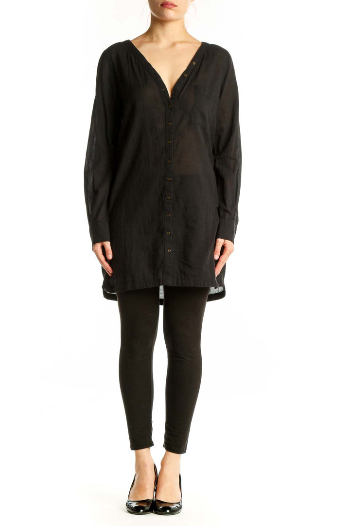Black cotton button-front shirt dress by Joie with V-neckline and long sleeves, front view