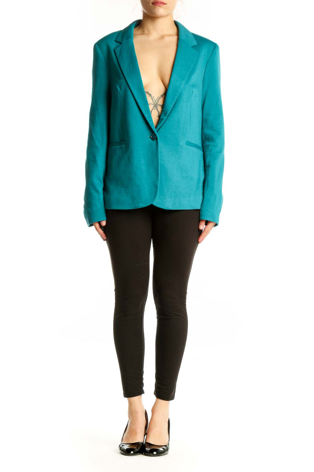 Teal single-button blazer by BCBGeneration worn on model, front view showing notched lapels and tailored fit