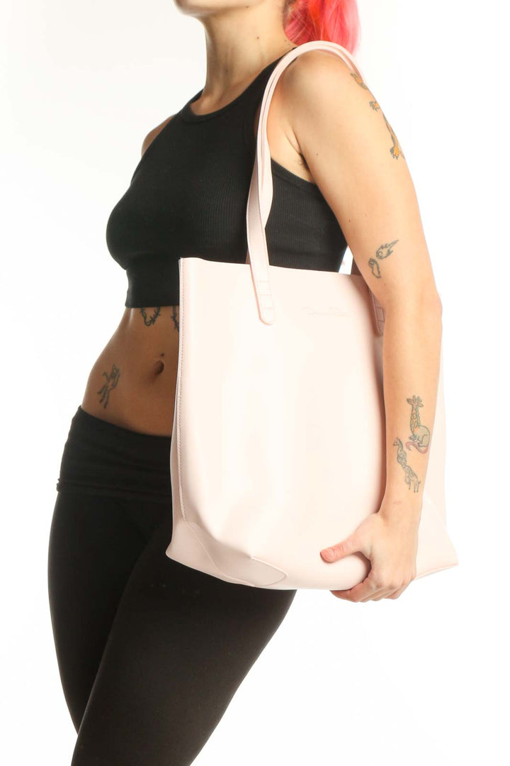 Cream polyvinyl Oscar de la Renta large tote bag with dual handles, front view