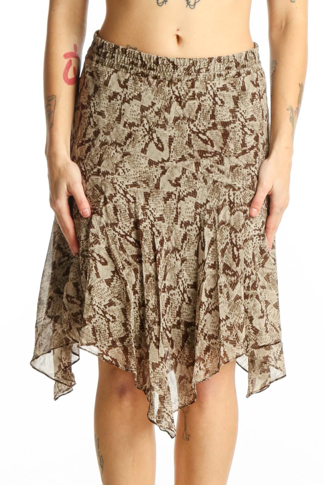 Beige and brown snake print asymmetrical midi skirt with handkerchief hem and elasticized waistband, front view