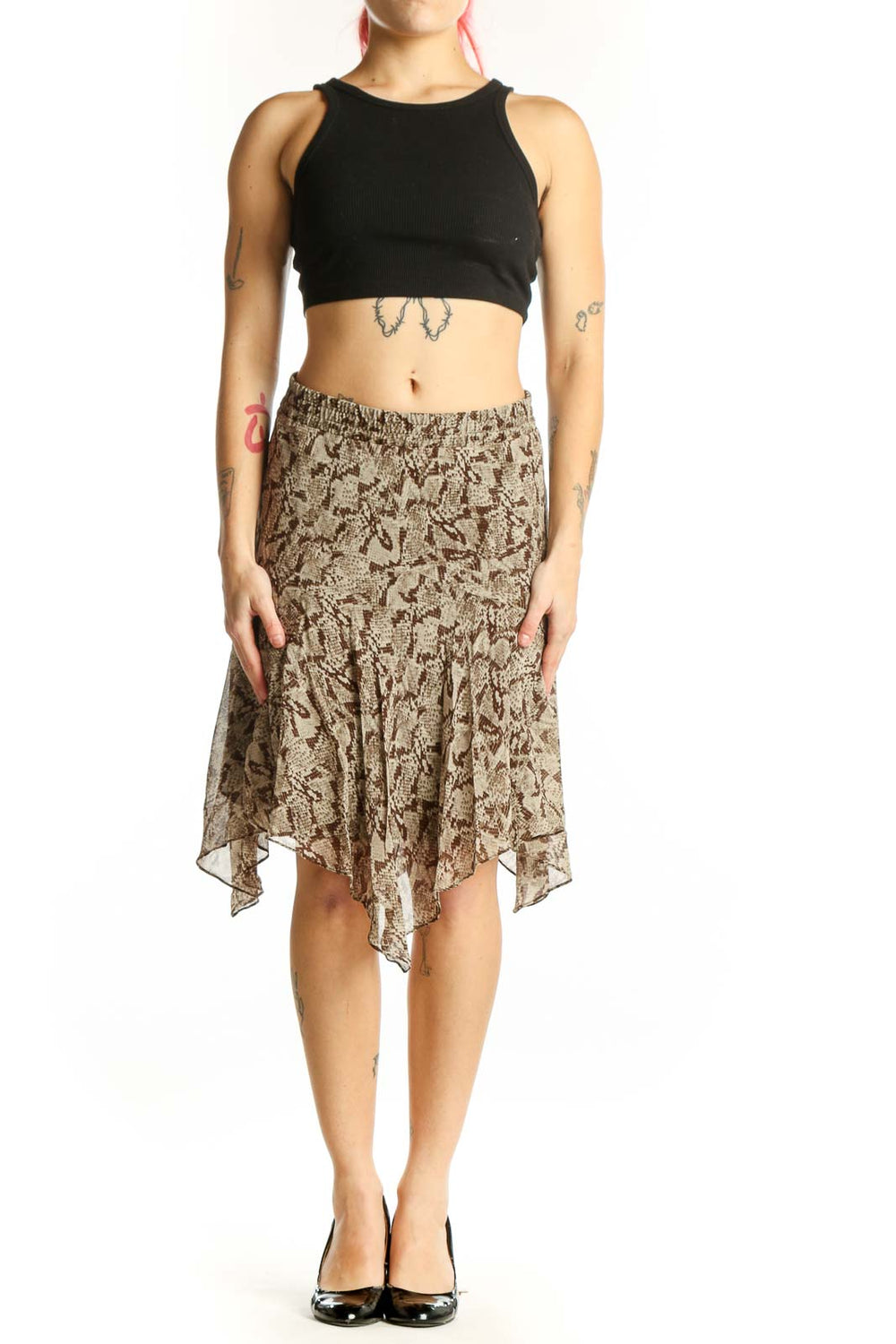 Beige and brown snake print asymmetrical midi skirt with handkerchief hem and elasticized waistband, front view