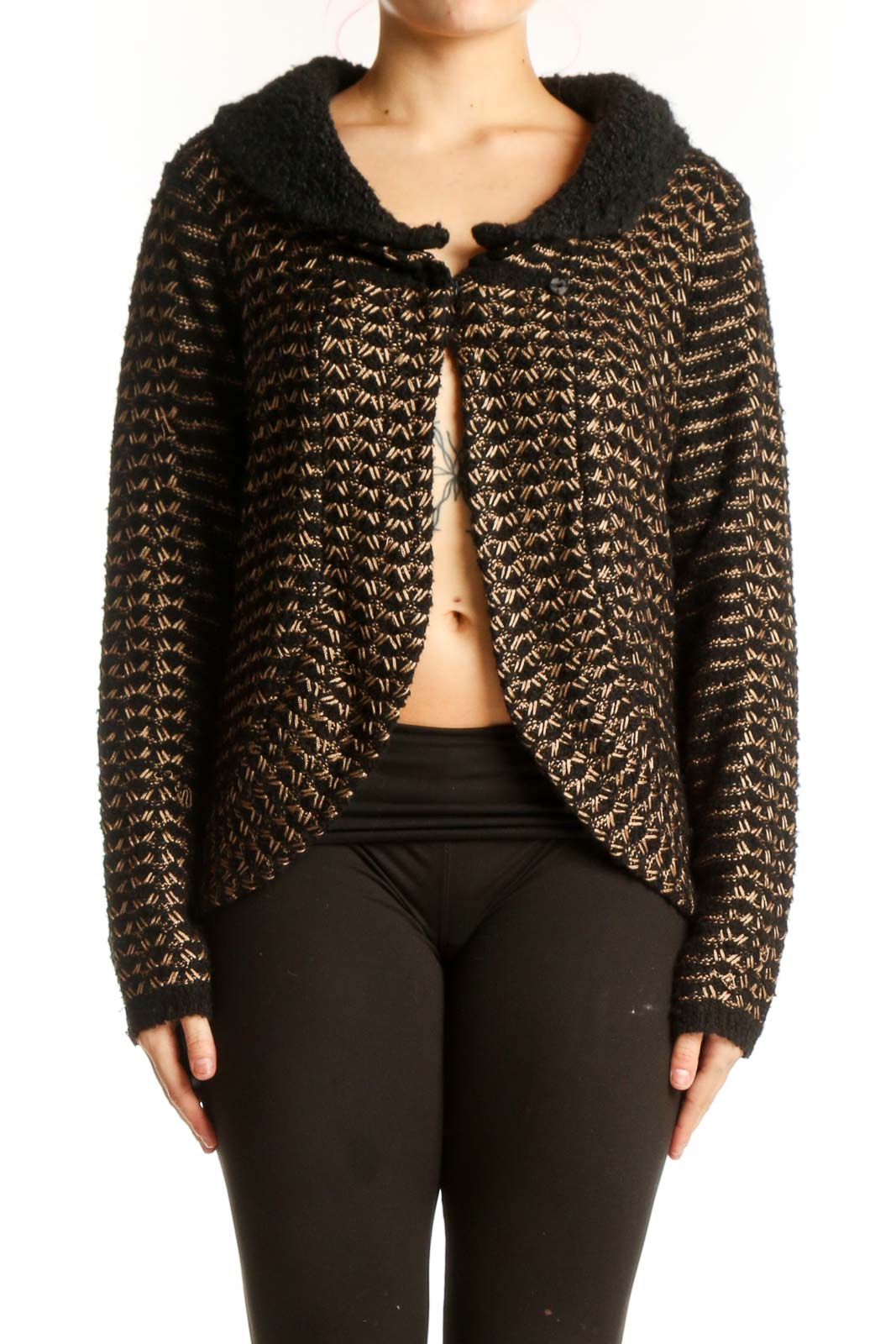 Black and gold metallic knit cardigan with geometric pattern and tie-front detail, front view