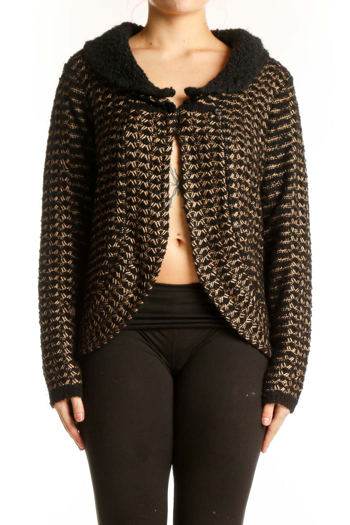 Black and gold metallic knit cardigan with geometric pattern and tie-front detail, front view