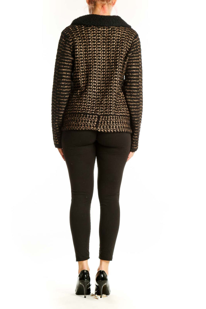 Black and gold metallic knit cardigan with geometric pattern, back view showing textured knit construction