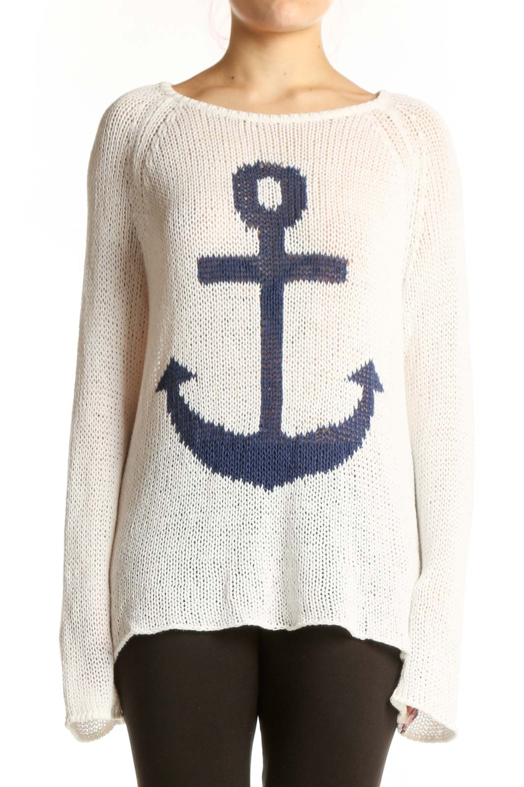 Cream knit pullover sweater with navy anchor design on front, long sleeves, crew neckline
