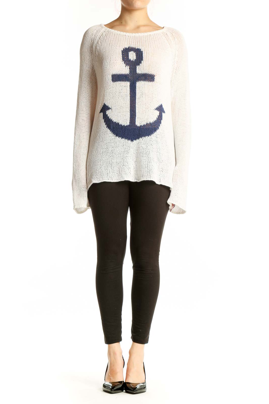 Cream knit pullover sweater with navy anchor design on front, long sleeves, crew neckline