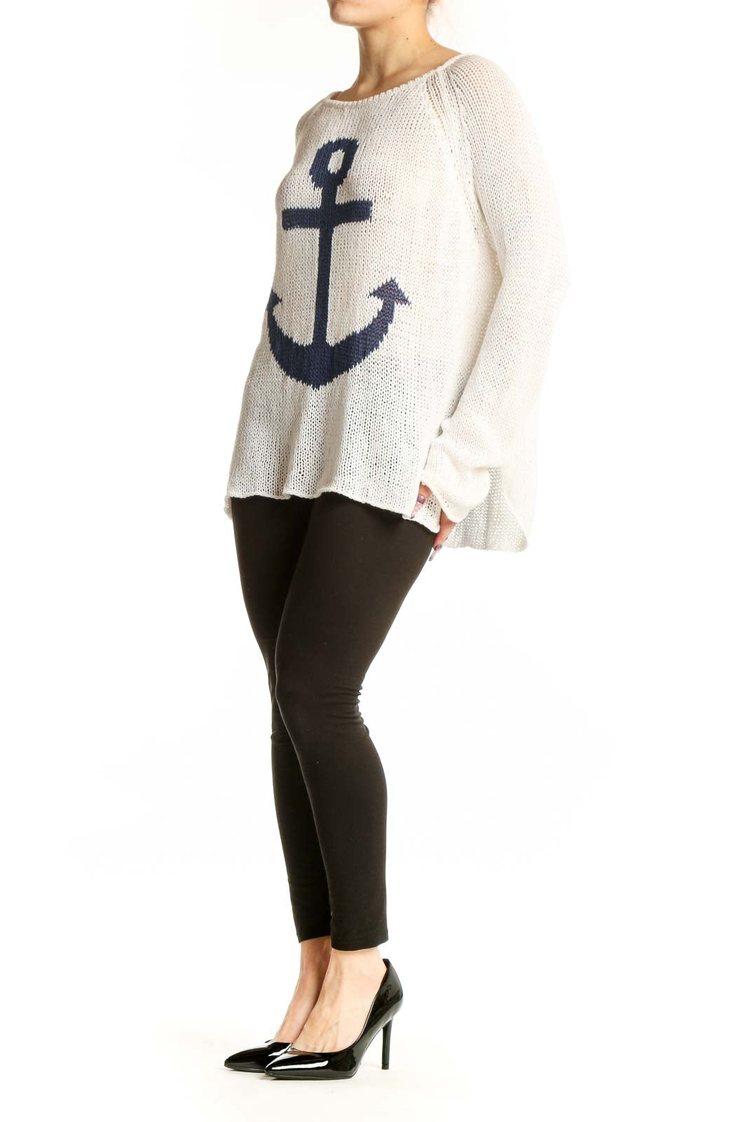 Cream knit pullover sweater with navy anchor design on front, long sleeves, crew neckline
