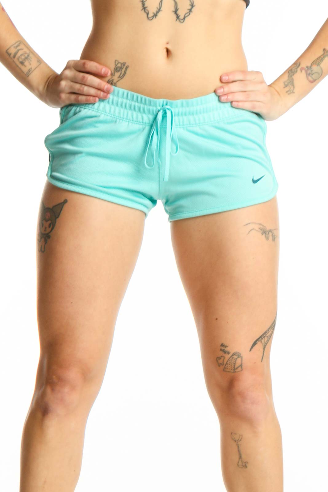 Front view of turquoise Nike athletic shorts with adjustable drawstring and Nike Swoosh logo