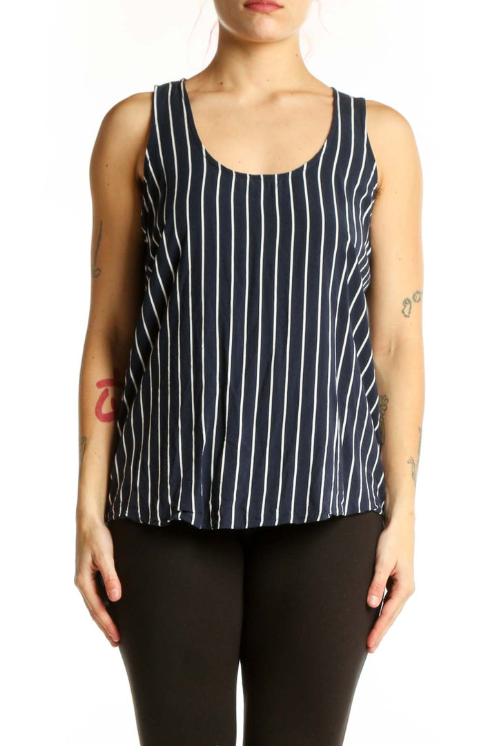 Navy and white striped viscose tank top with scoop neckline, front view