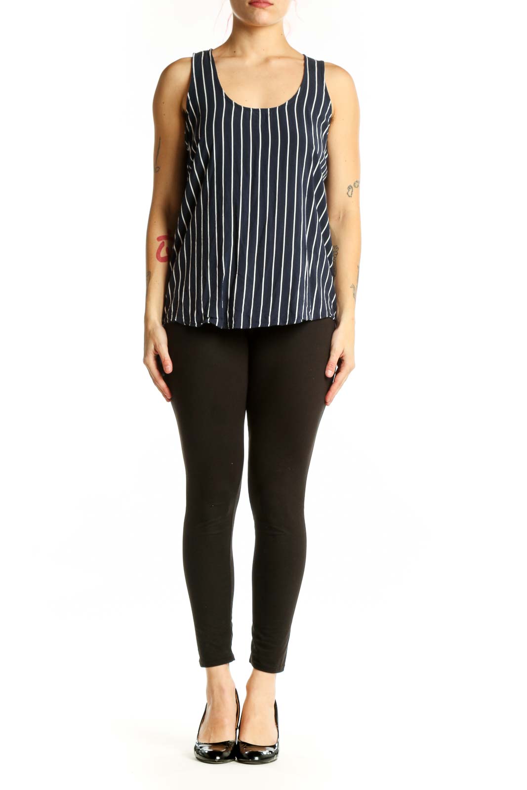 Navy and white striped viscose tank top with scoop neckline, front view