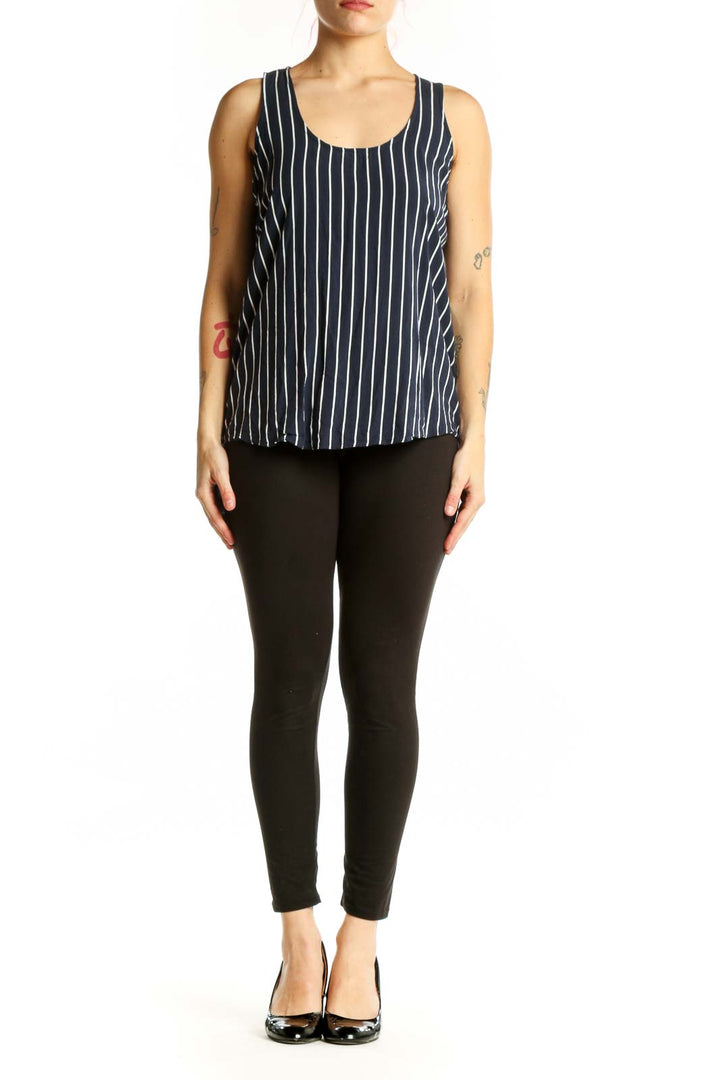 Navy and white striped viscose tank top with scoop neckline, front view