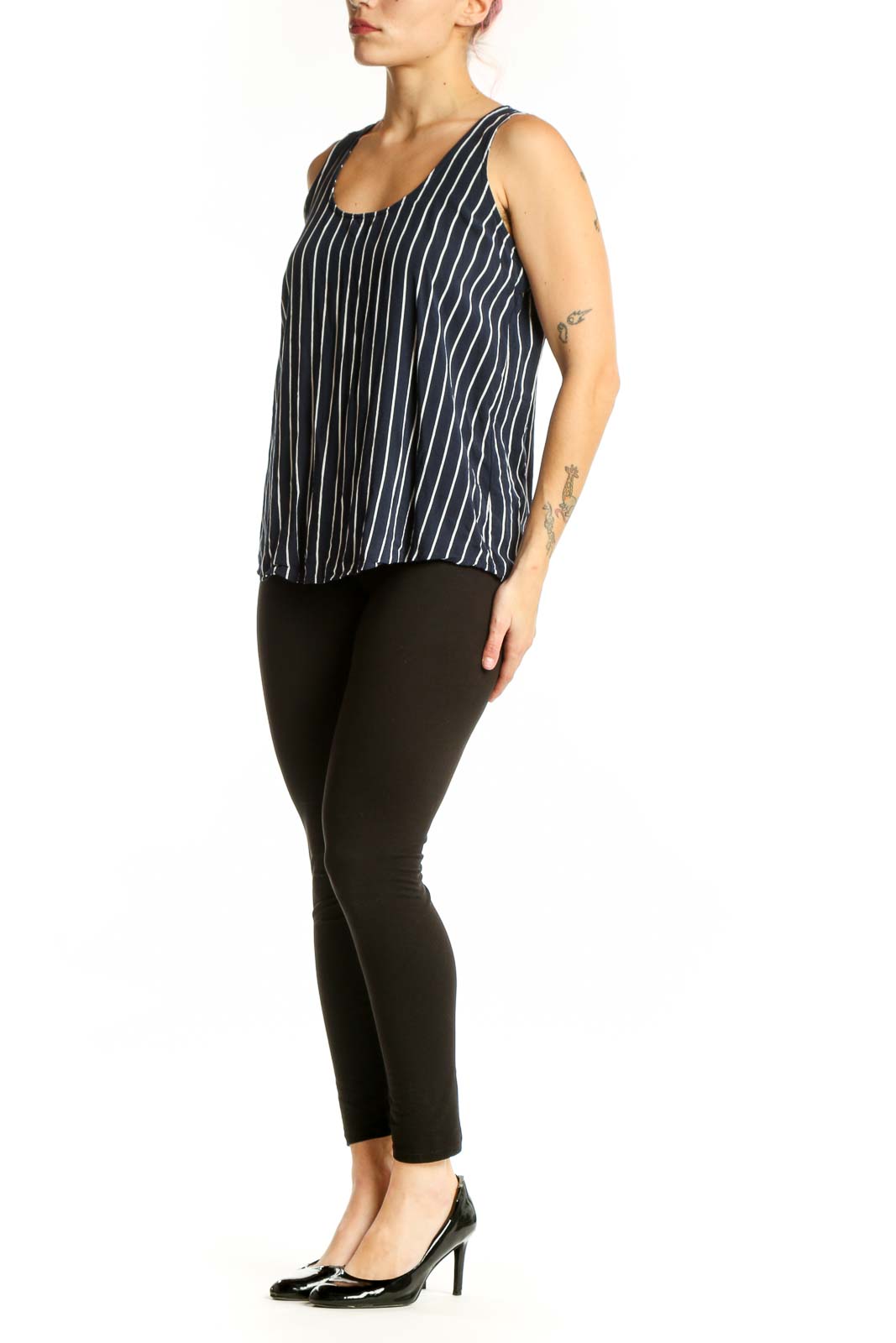 Navy and white striped viscose tank top with scoop neckline, front view