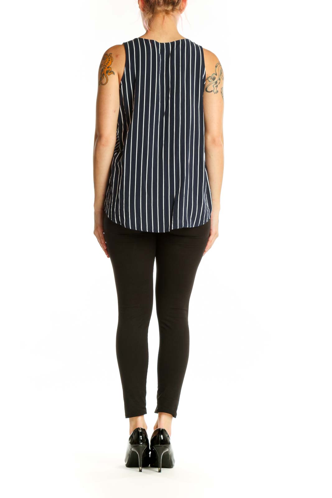 Navy and white striped viscose tank top, back view showing relaxed fit