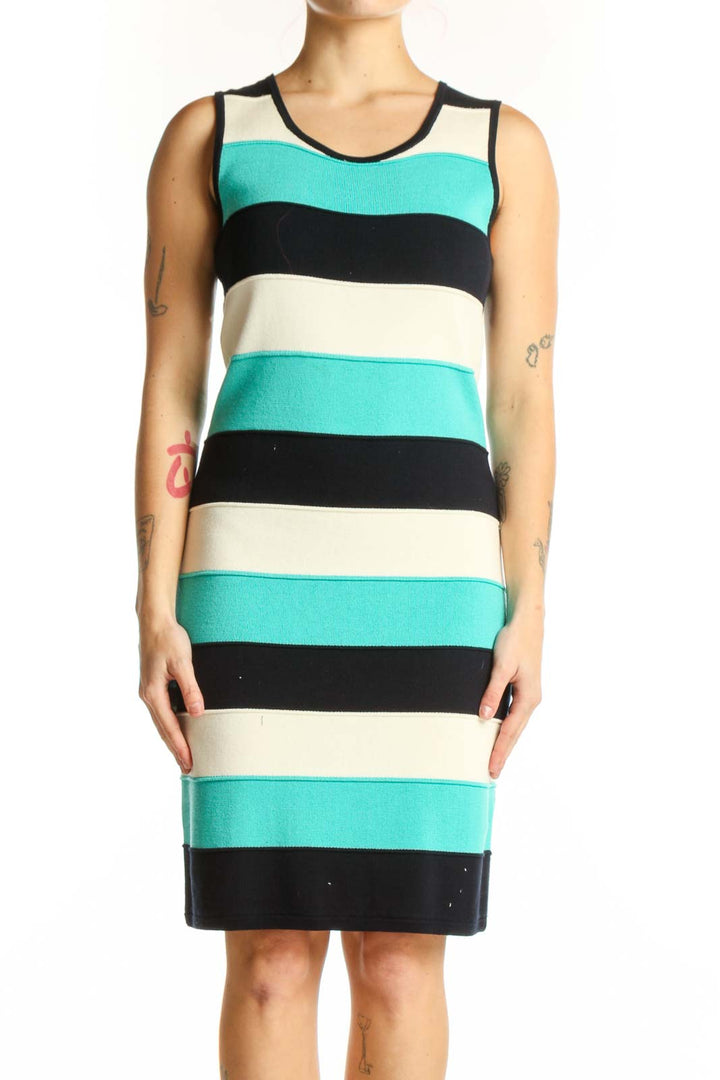 Front view of turquoise, black, and cream striped Milly knit dress with colorblock design and crew neckline