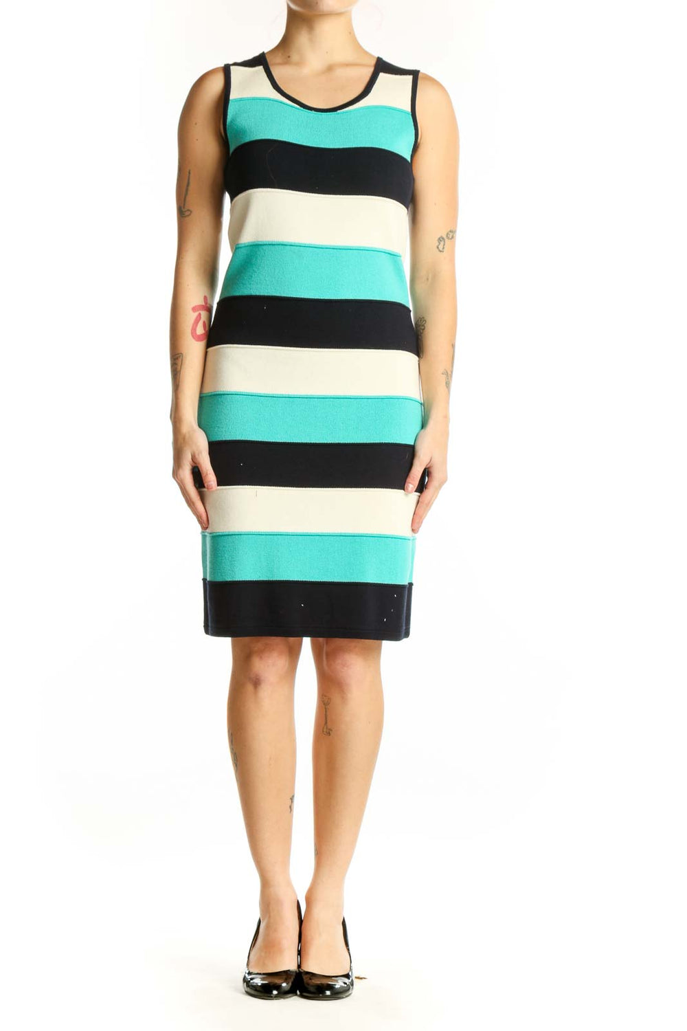 Front view of turquoise, black, and cream striped Milly knit dress with colorblock design and crew neckline