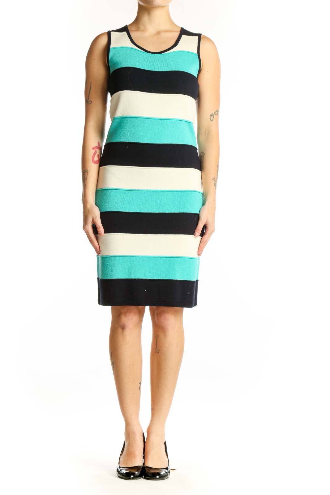 Front view of turquoise, black, and cream striped Milly knit dress with colorblock design and crew neckline