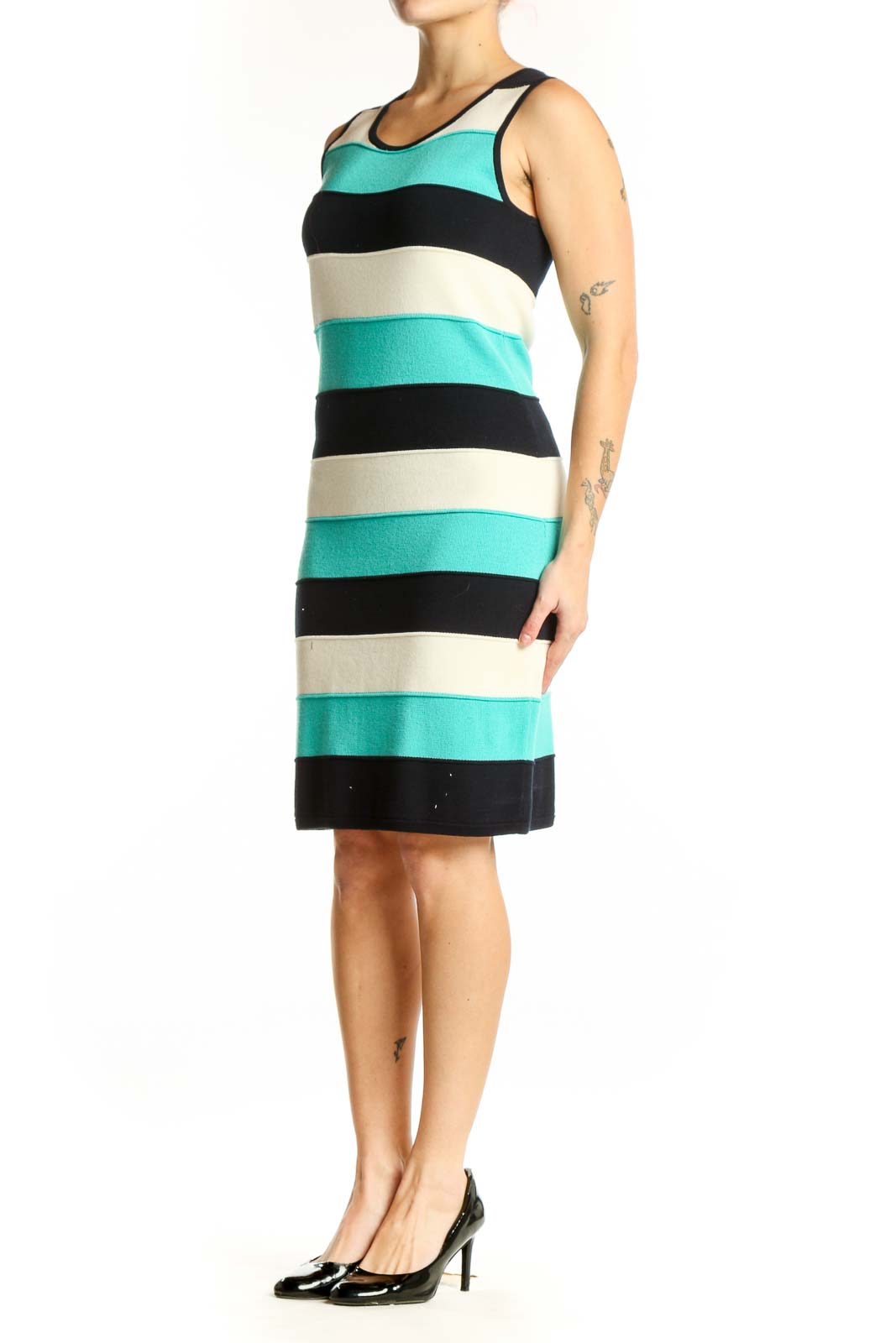 Front view of turquoise, black, and cream striped Milly knit dress with colorblock design and crew neckline