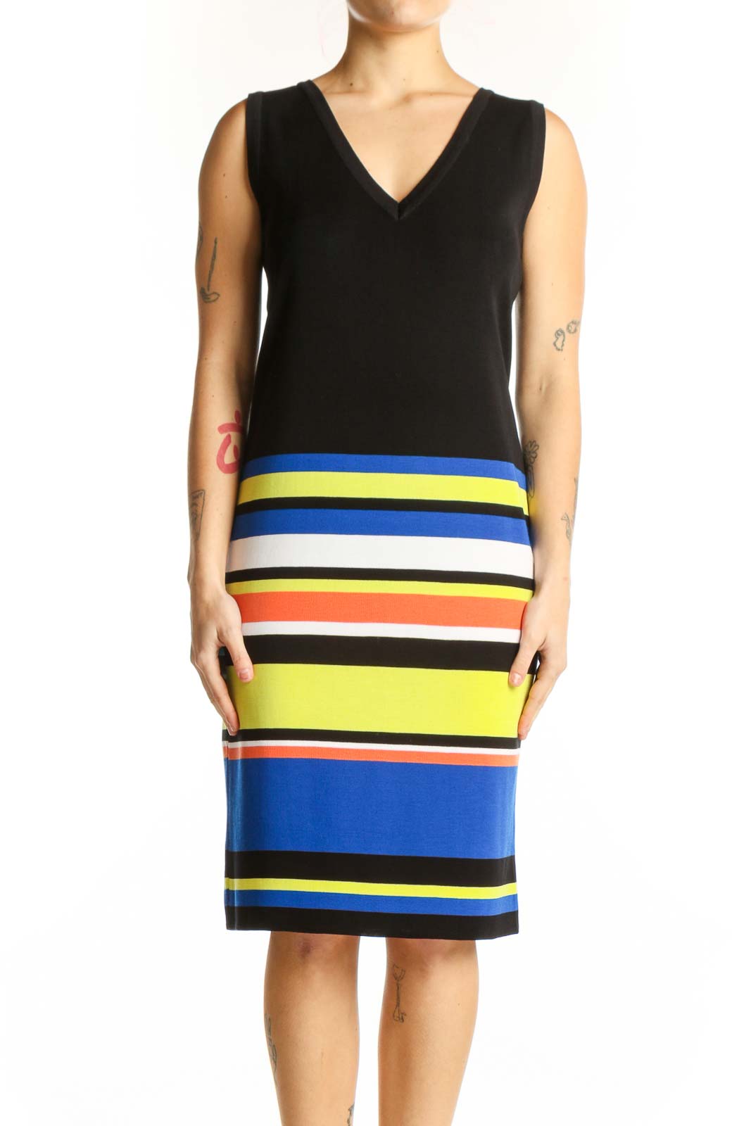 Black sleeveless dress with vibrant colorblock horizontal stripes in blue, yellow, orange, and white by Misook, front view