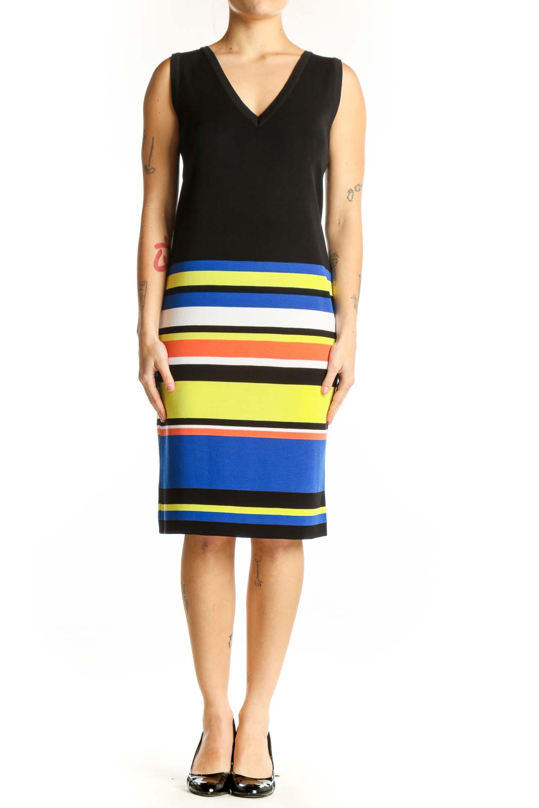 Black sleeveless dress with vibrant colorblock horizontal stripes in blue, yellow, orange, and white by Misook, front view