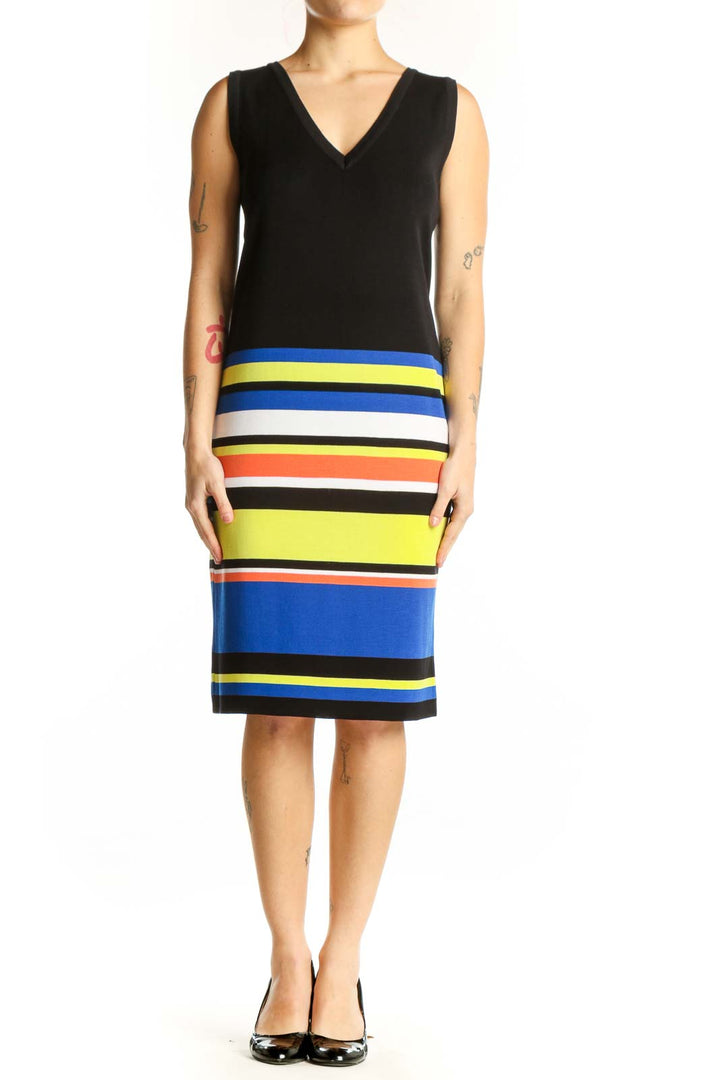 Black sleeveless dress with vibrant colorblock horizontal stripes in blue, yellow, orange, and white by Misook, front view