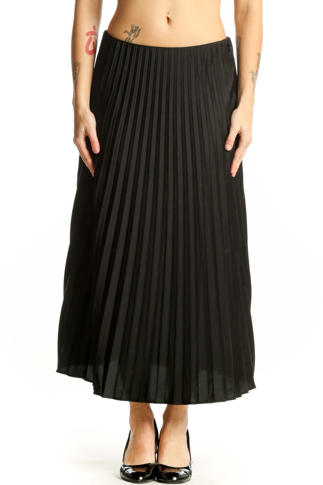 Black pleated midi skirt front view showing elegant knife pleats and flattering silhouette