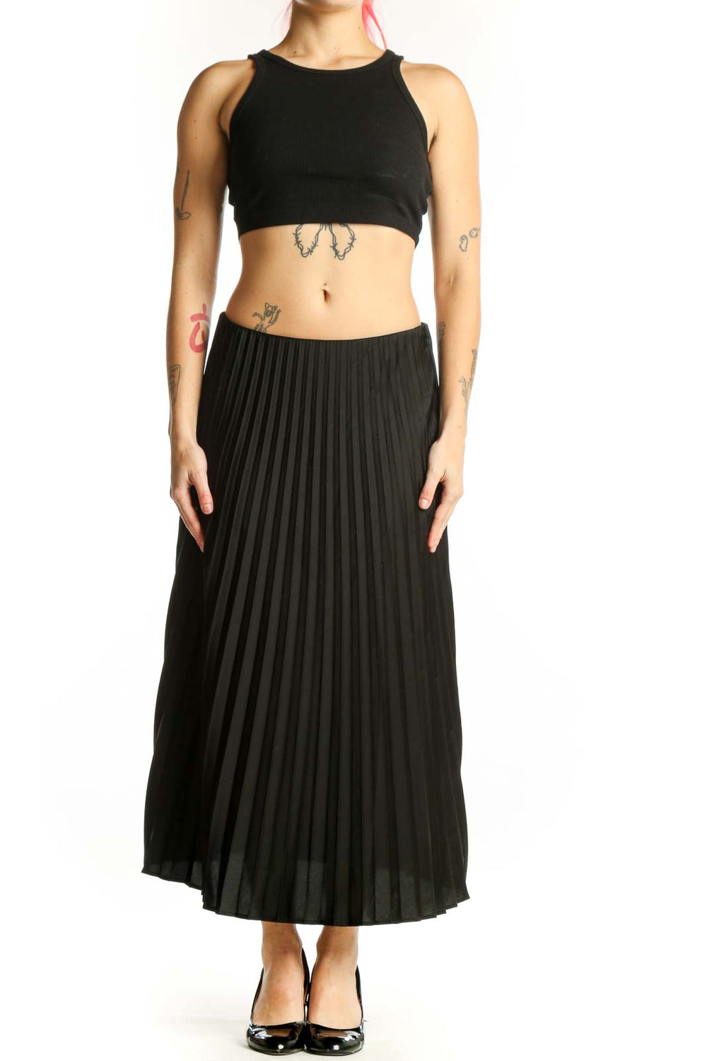 Black pleated midi skirt front view showing elegant knife pleats and flattering silhouette