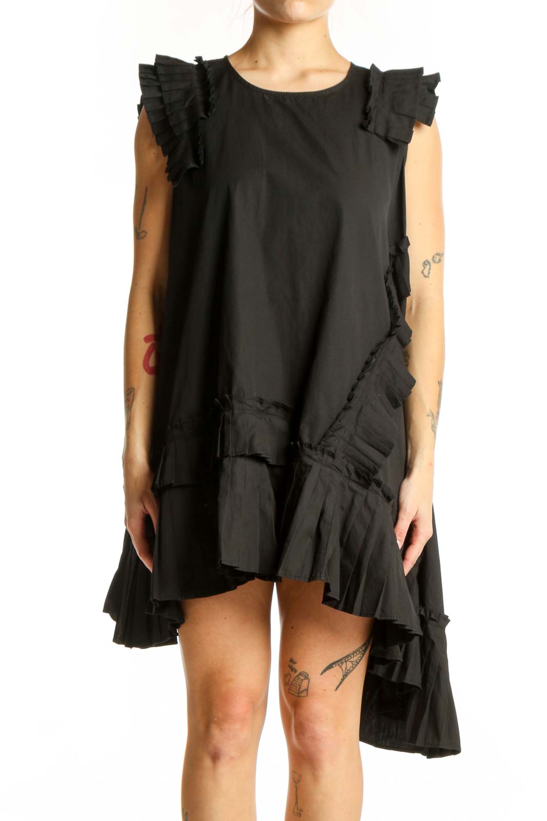 Black asymmetrical dress with ruffled shoulder details and cascading side ruffle by DIGS