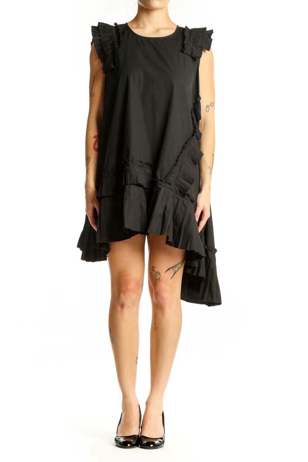 Black asymmetrical dress with ruffled shoulder details and cascading side ruffle by DIGS