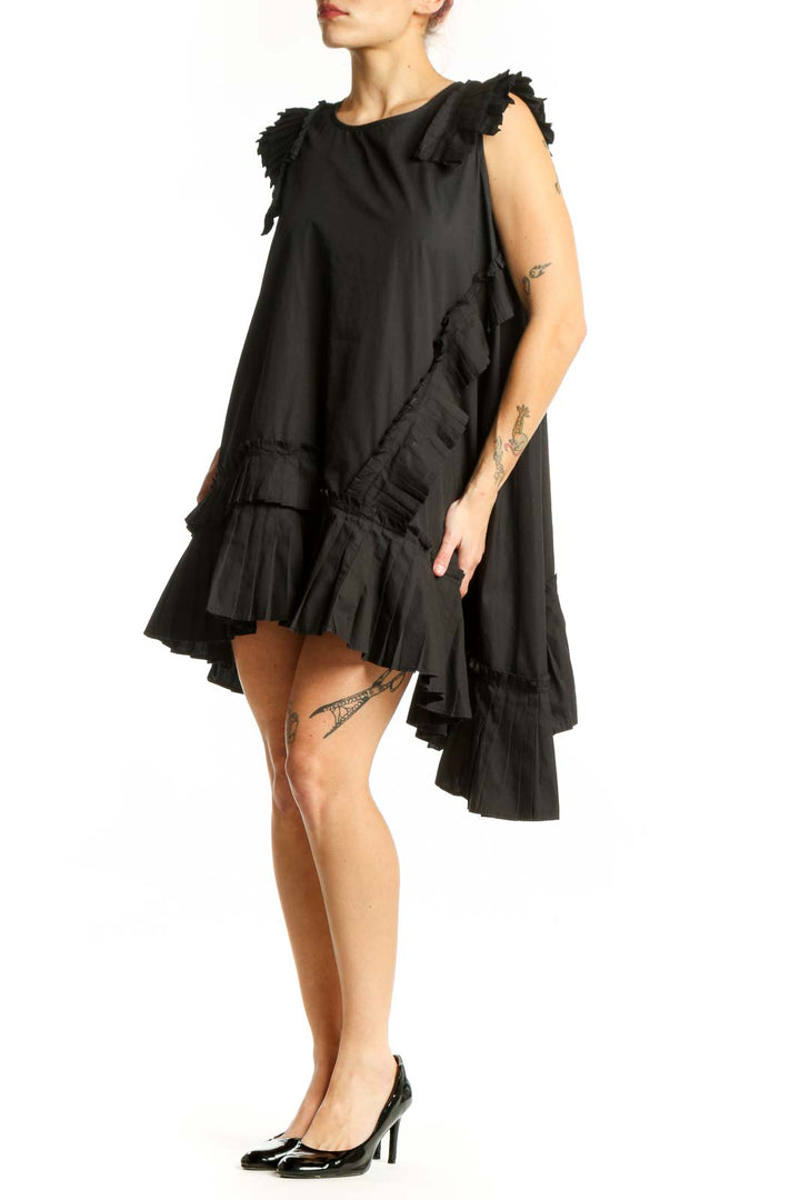 Black asymmetrical dress with ruffled shoulder details and cascading side ruffle by DIGS
