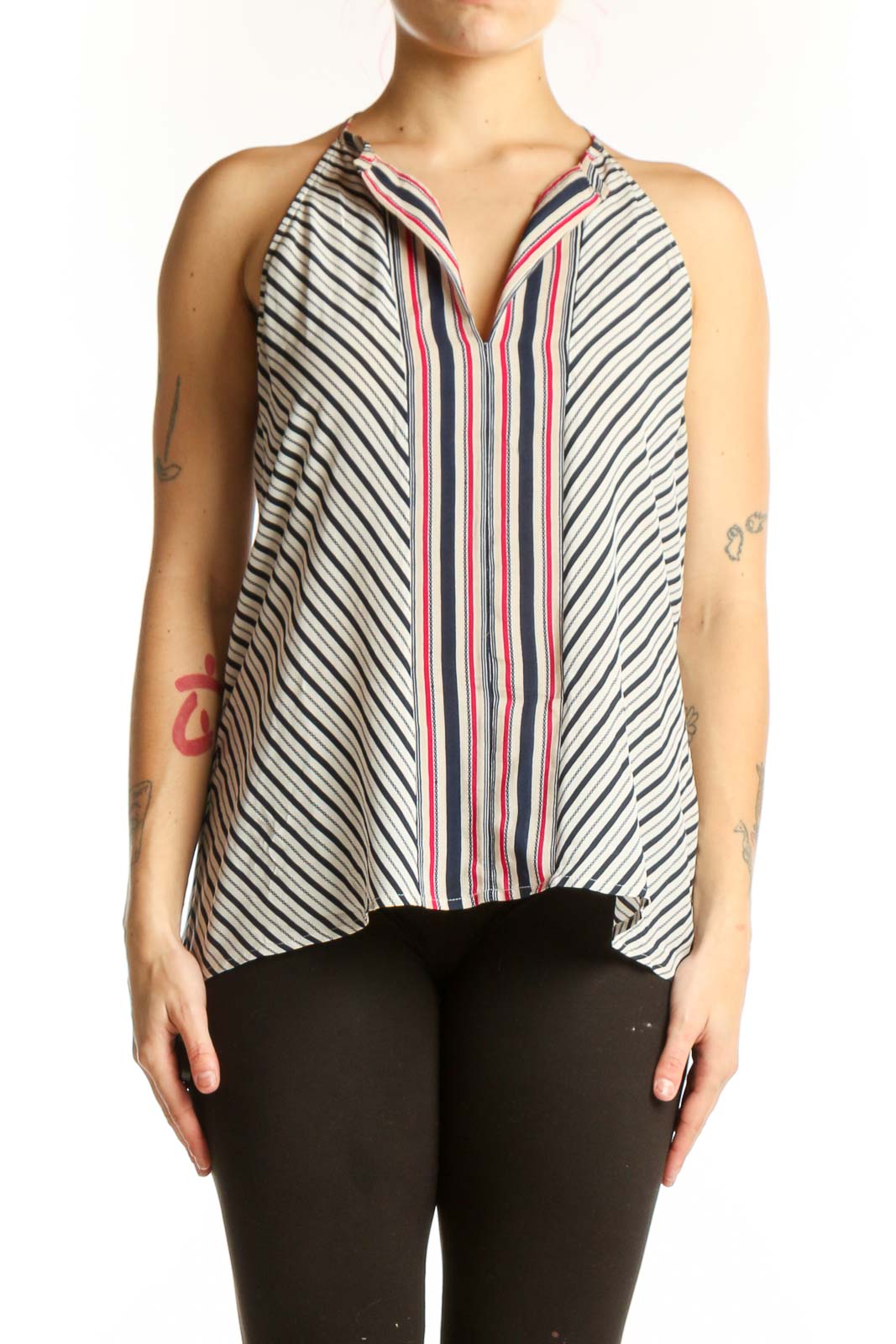 White and navy striped Joie silk tank top with red accent stripes and V-neckline, front view