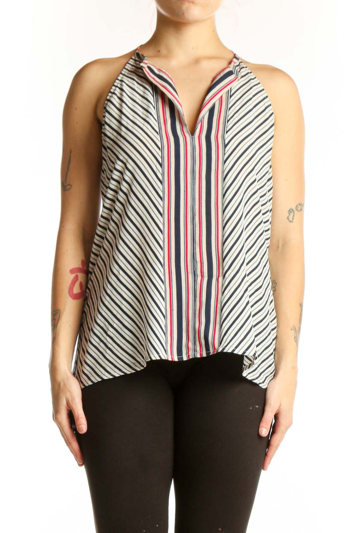 White and navy striped Joie silk tank top with red accent stripes and V-neckline, front view