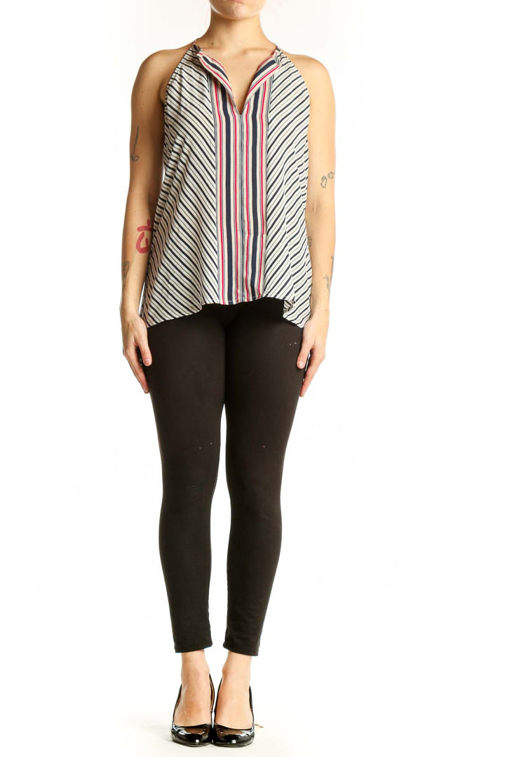 White and navy striped Joie silk tank top with red accent stripes and V-neckline, front view