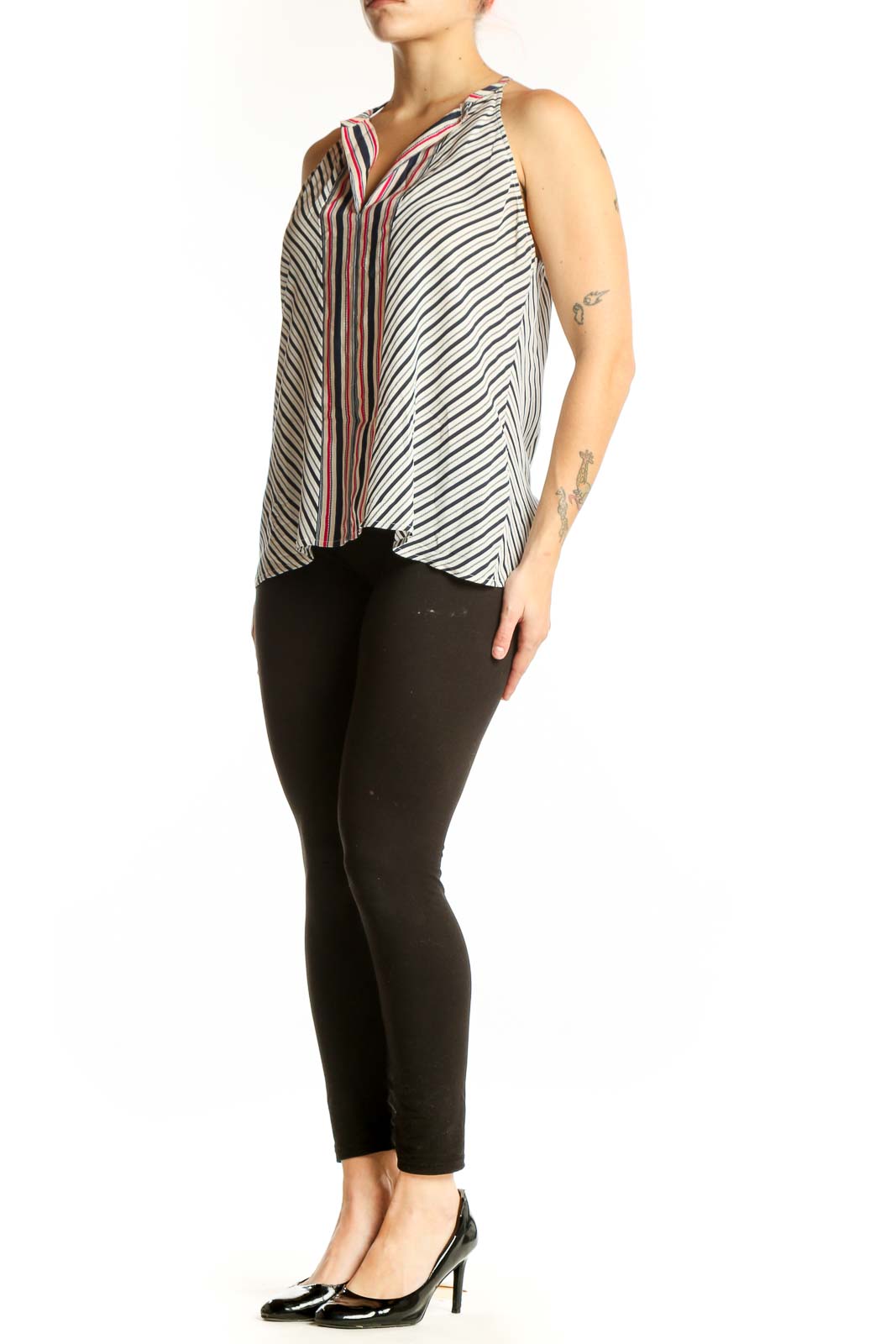 White and navy striped Joie silk tank top with red accent stripes and V-neckline, front view