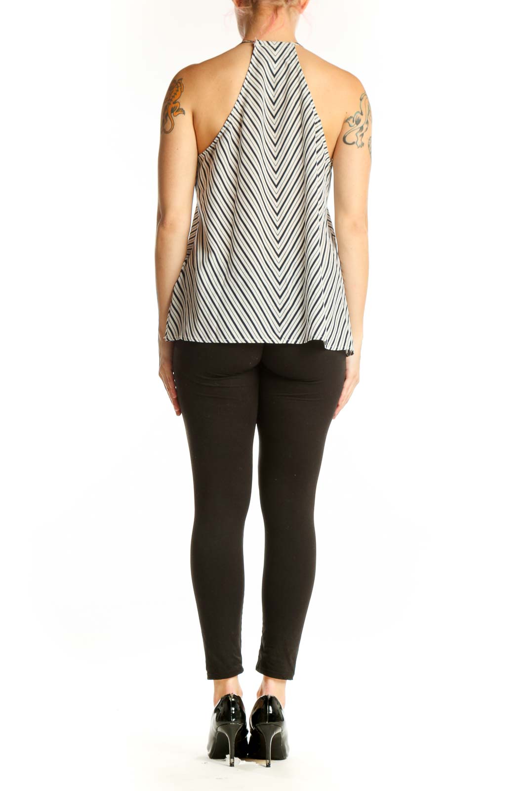 White and navy striped Joie silk tank top with asymmetrical hem, back view