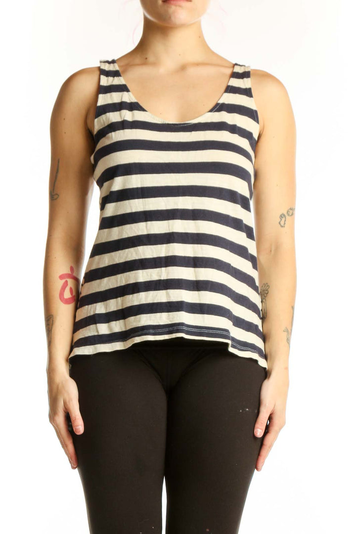 Front view of navy and cream striped cotton tank top with scoop neckline and relaxed fit