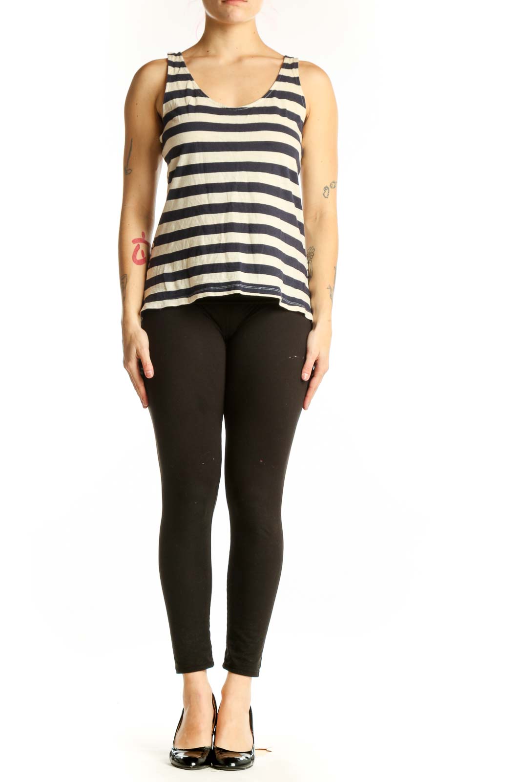 Front view of navy and cream striped cotton tank top with scoop neckline and relaxed fit