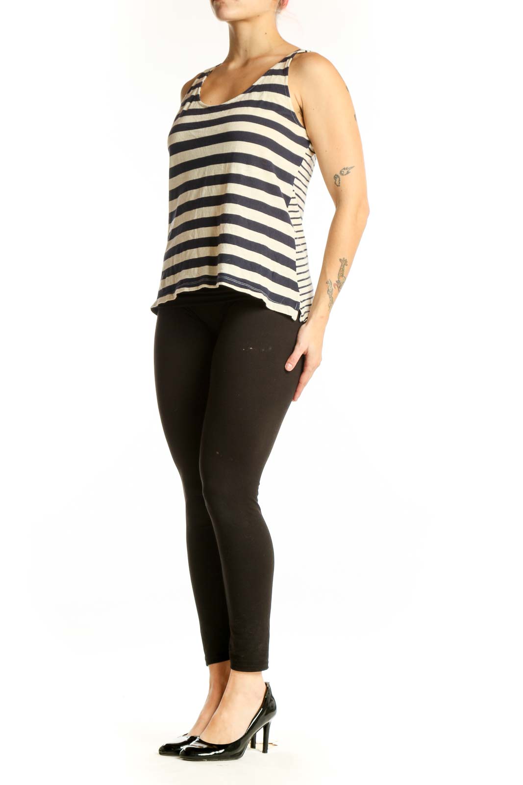 Front view of navy and cream striped cotton tank top with scoop neckline and relaxed fit