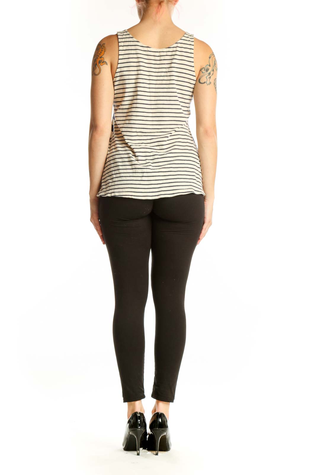 Back view of navy and cream striped cotton tank top showing relaxed silhouette and sunwashed finish