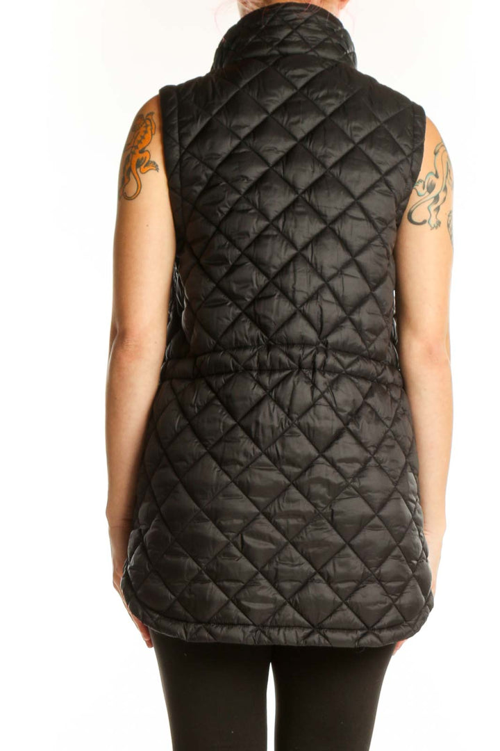 Black quilted puffer vest with diamond quilting pattern and full-length zip closure, back view