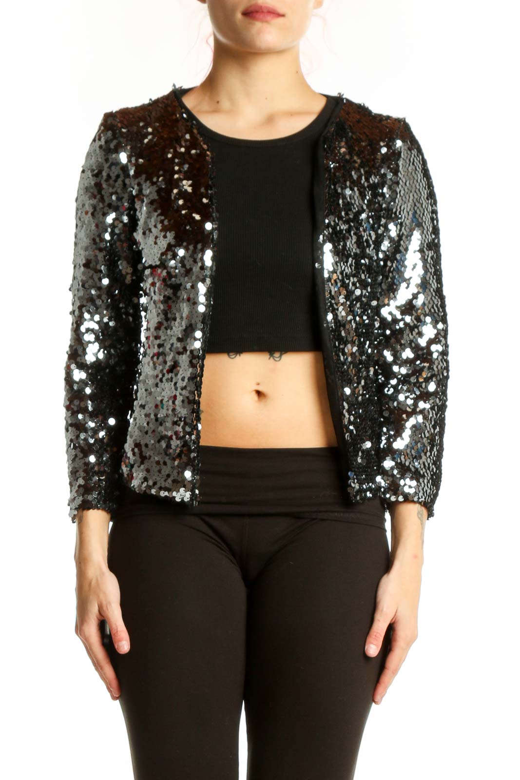 BB Dakota black sequin cropped jacket front view with all-over sparkle detailing and open front design