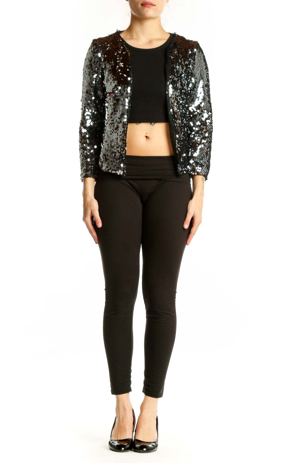 BB Dakota black sequin cropped jacket front view with all-over sparkle detailing and open front design