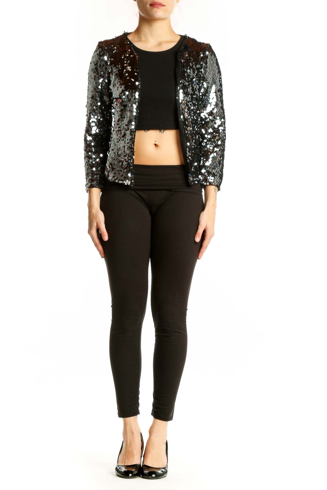BB Dakota black sequin cropped jacket front view with all-over sparkle detailing and open front design