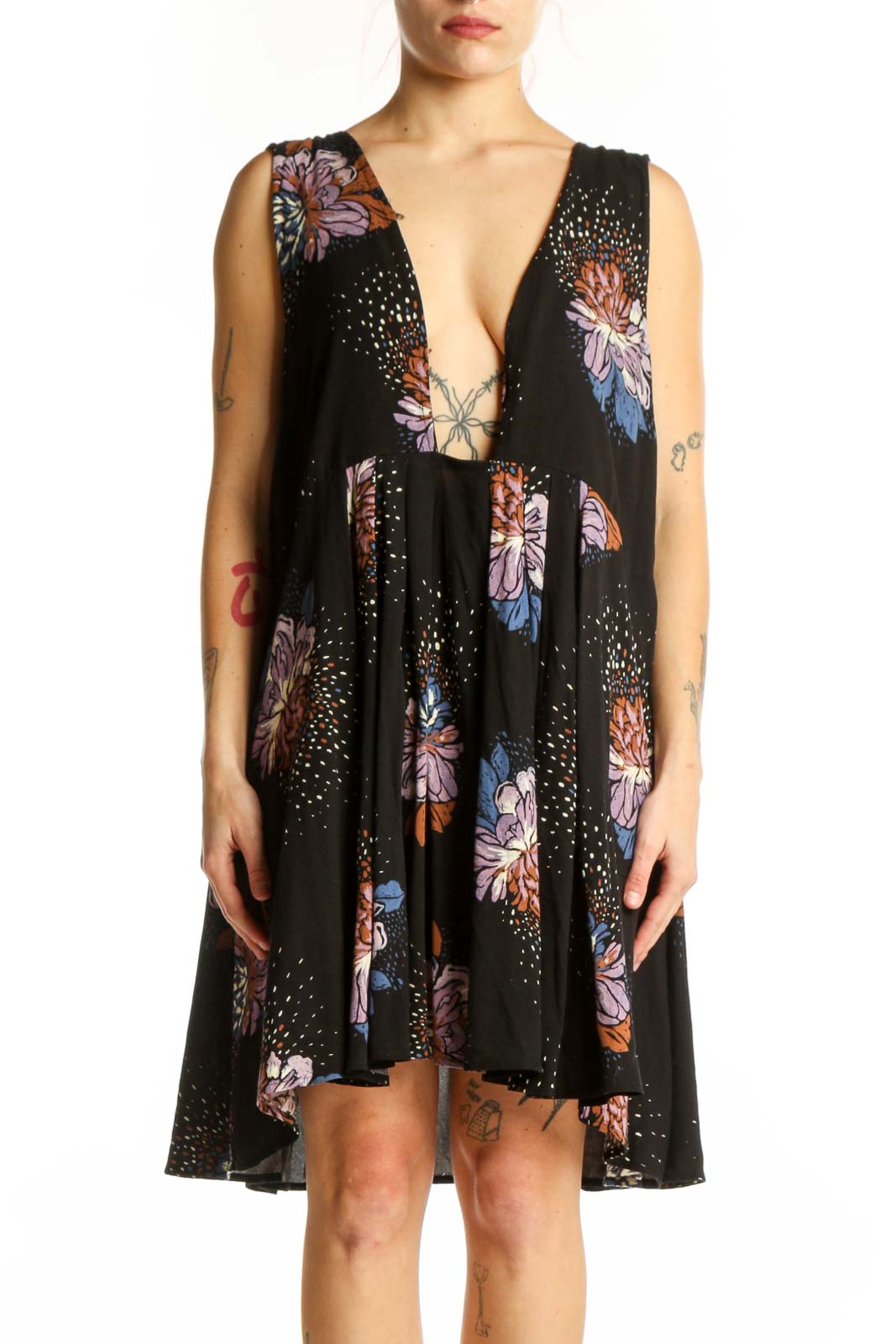 Black floral print Free People A-line dress with V-neckline and multicolor blooms, front view