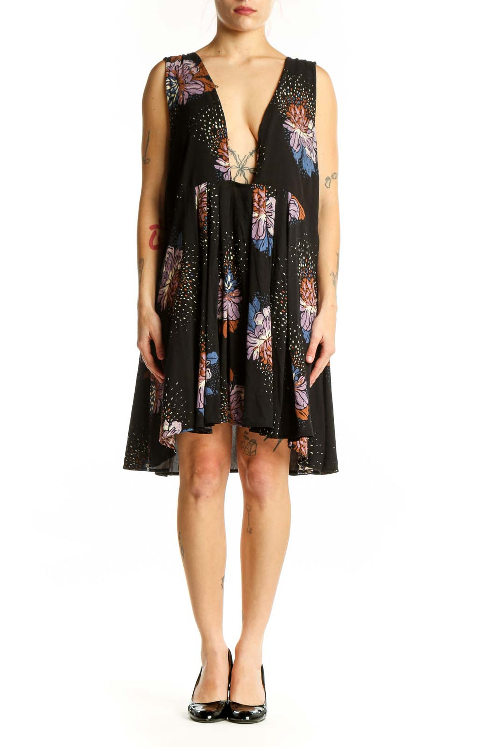 Black floral print Free People A-line dress with V-neckline and multicolor blooms, front view