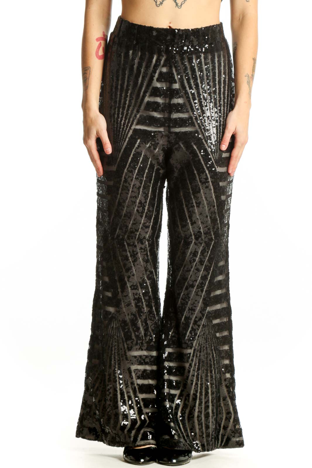 Black sequin striped wide leg pants with geometric pattern, front view
