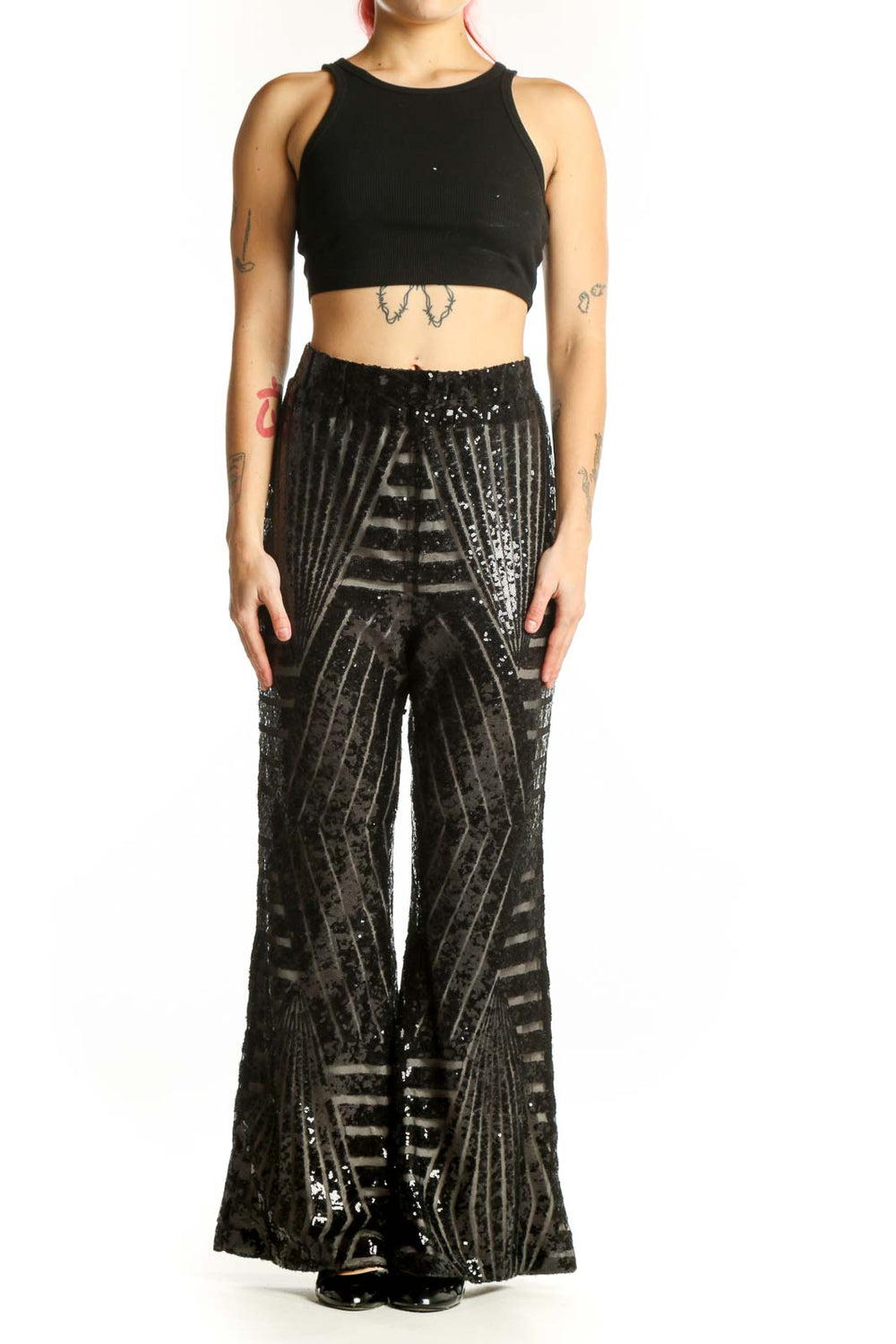 Black sequin striped wide leg pants with geometric pattern, front view