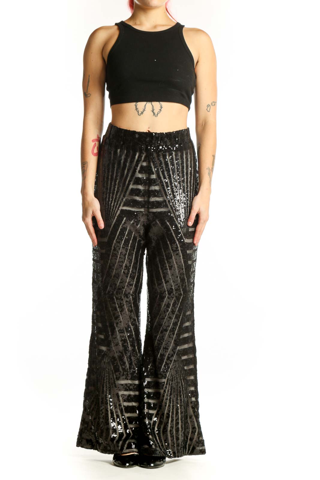 Black sequin striped wide leg pants with geometric pattern, front view