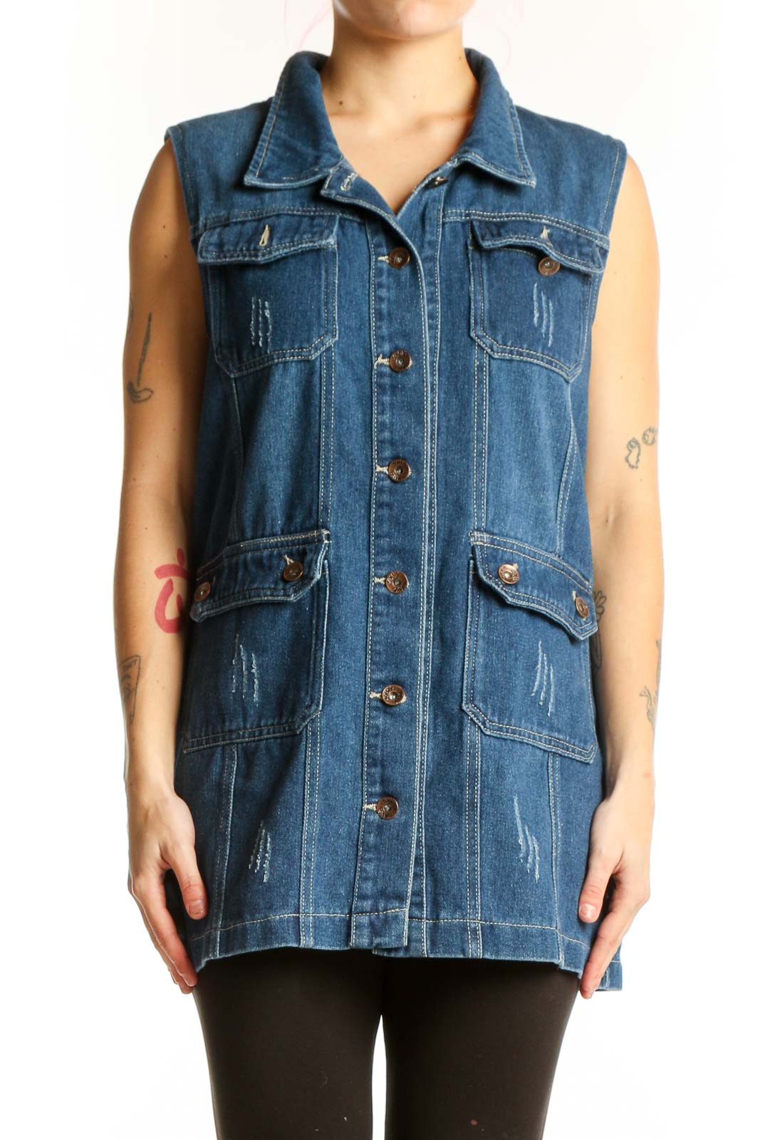 SilkRoll blue denim sleeveless vest jacket with distressed detailing and multiple pockets, front view