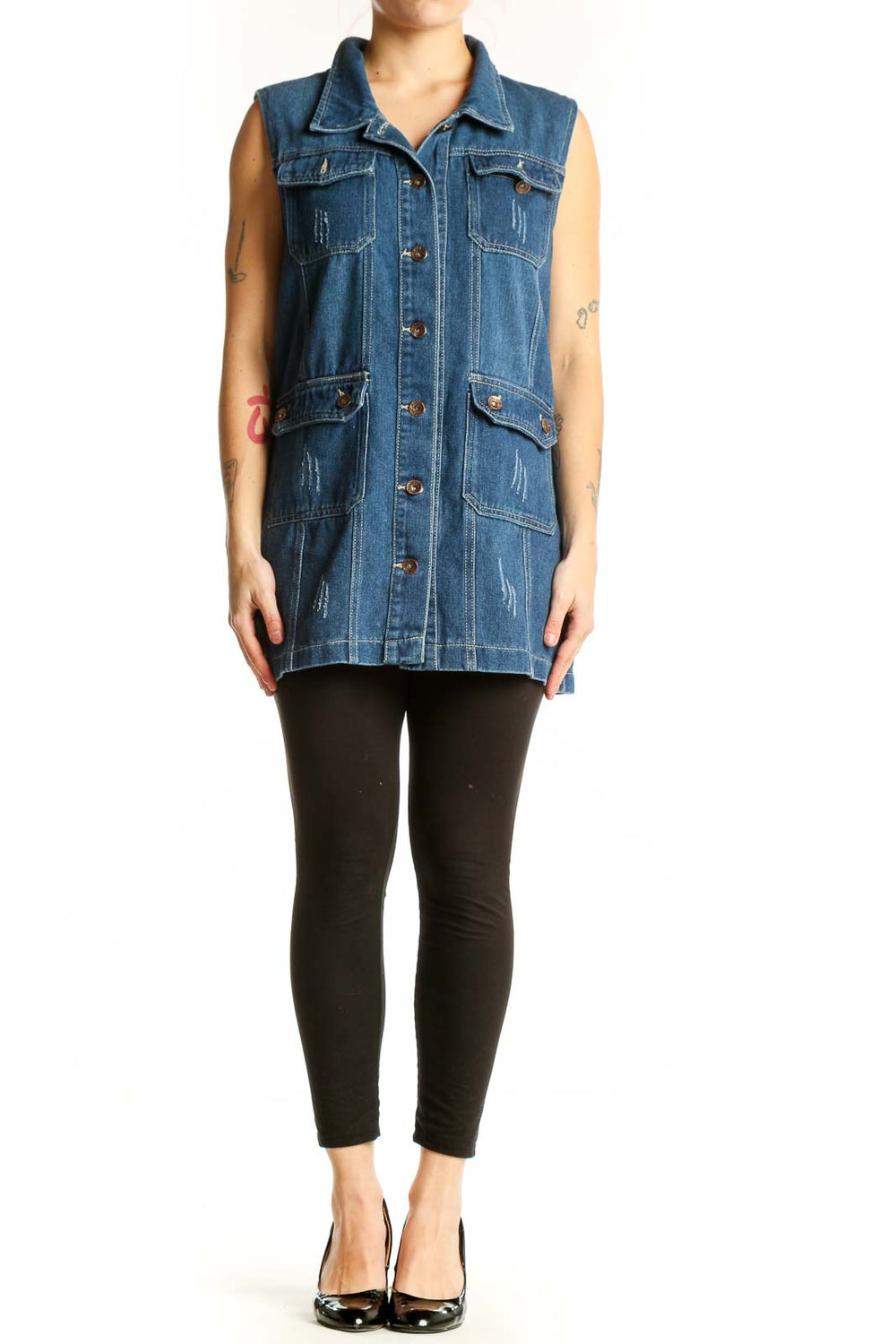 SilkRoll blue denim sleeveless vest jacket with distressed detailing and multiple pockets, front view